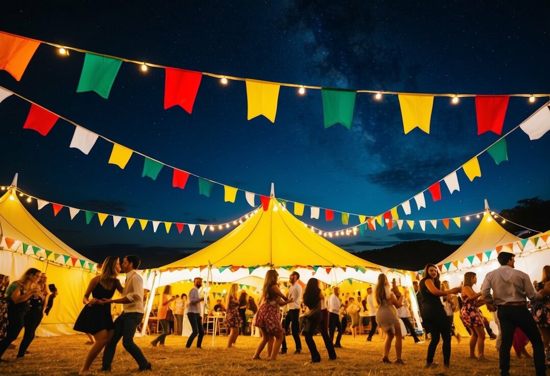 Festivalens telt er omgivet af farverige flag og blinkende lys med mennesker der danser og ler under den stjerneklare himmel